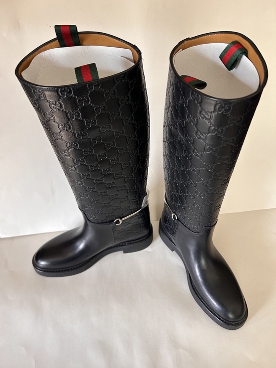 GUCCI Équestrian Noir Knee Boots Monogram Embossed Leather Size 8.5 NIB 806391 - Picture 7 of 12